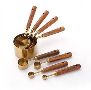8-Piece Stainless Steel Measuring Cups and Spoons Set with Wooden Handle for Precise Cooking & Baking Measurements