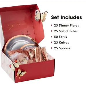 By Madee Fancy Disposable Dinnerware Set - 150 Pcs Set for 25 Guests - Plates w/ Utensils, Cups & 3D Décor Cutlery Tableware