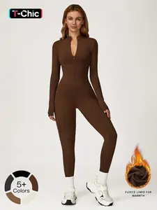 Women's One-Piece Jumpsuit with Stand Collar Zipper Design, Warm Long Sleeve Outdoor Casual Sports Gym Wear, Comfortable & Stylish, Sporty Jumpsuit, Workout Jumpsuit, Sporty Comfy Jumpsuit, Sportswear Jumpsuits