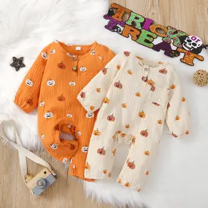 Baby Boy Girl Halloween Clothes Long Sleeve Pumpkin Print Ruffle Jumpsuit , 0-18 Months
