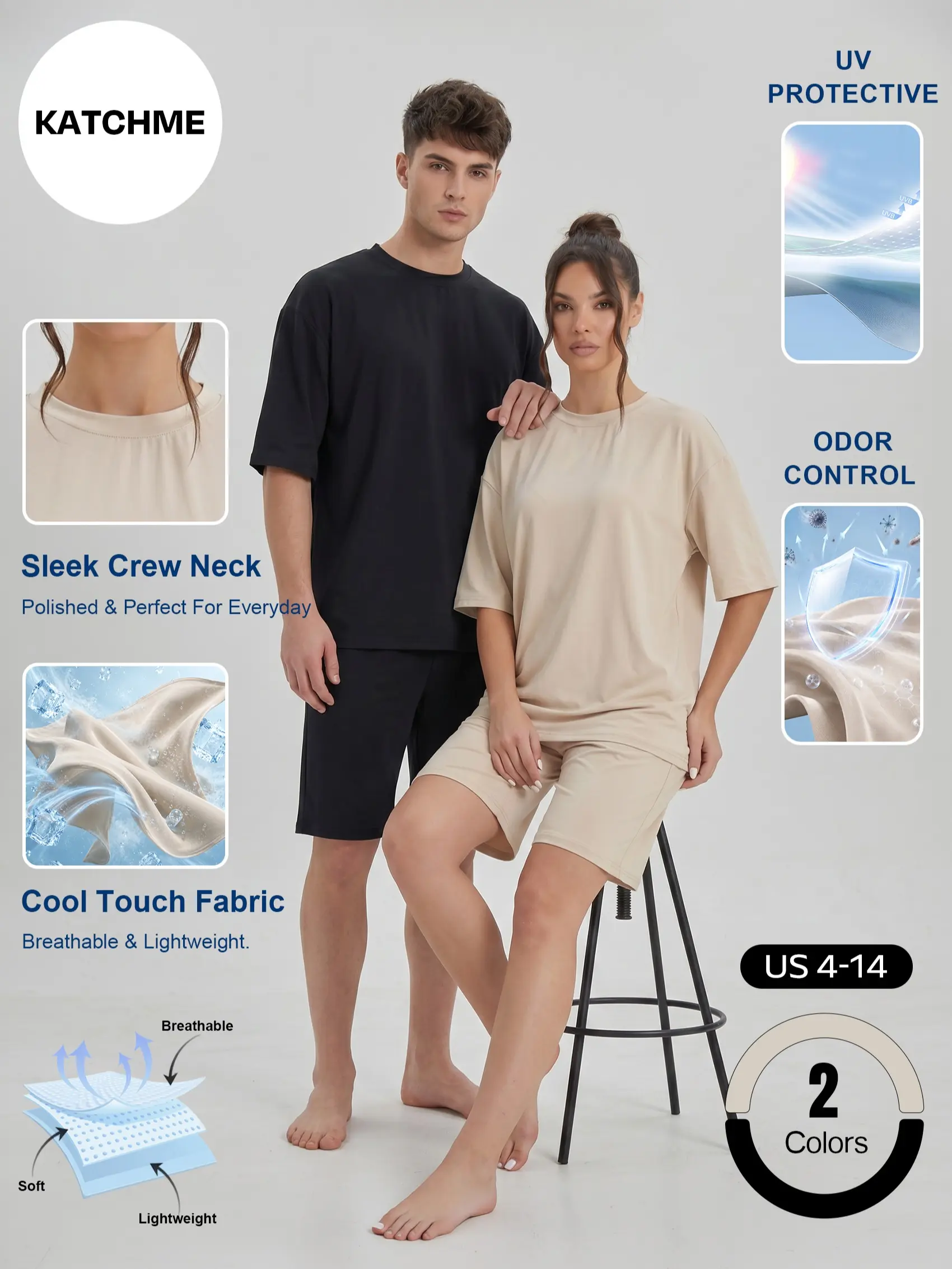Katch Me Chic Unisex Basic Cool Touch Short Sleeve Top & Shorts Loungewear Co-ord, Lightweight Ice Feel Skin-Friendly Loose Sleepwear Two Piece Sets, UV-Protective High Stretch Pajama Set for Spring & Summer #TikTokMadeMeBuyIt #NightwearSet #Pajamas