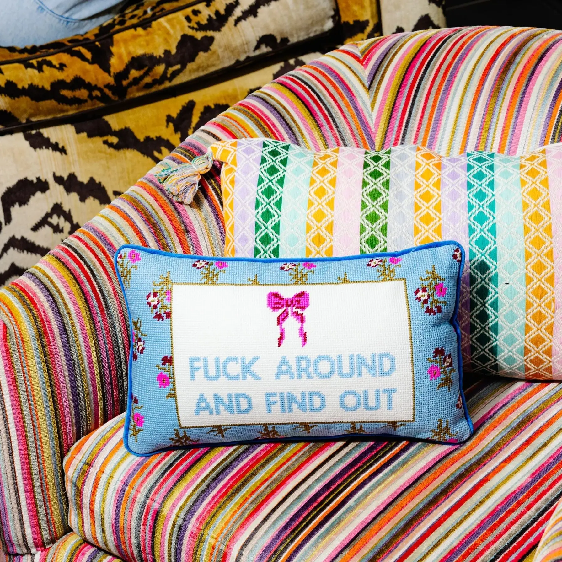 Needlepoint Velvet Decorative Accent Pillow - Small Size, Vibrant Stitches, Playful Print, Edgy Look, Dopamine Decor, Cozy Aesthetic, Insert and Fluff, Artist-Inspired Standard Pillow, Ideal Perfect Gift for Beds, Artist-Inspired Standard Pillows