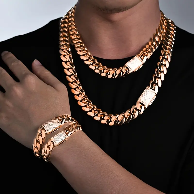 Men's Cuban Chain Necklace Bracelet Set 14K Rose Gold Plated Diamond Cut Lightweight Miami Style Hip Hop Jewelry Synthetic Zircon Micro Pave Lock Buckle Valentine's Day Birthday Gift for Boyfriend