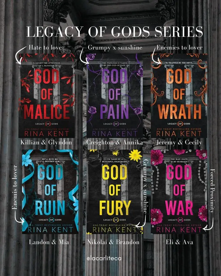 Legacy of Gods Complete 6 Book Set by Rina Kent, God of Malice, God of Pain, God of Wrath, God of Ruin, God of Fury and God of War, Dark College Romance Series with Masked Antiheroes, Interconnected Couples and Suspense for Adult Readers