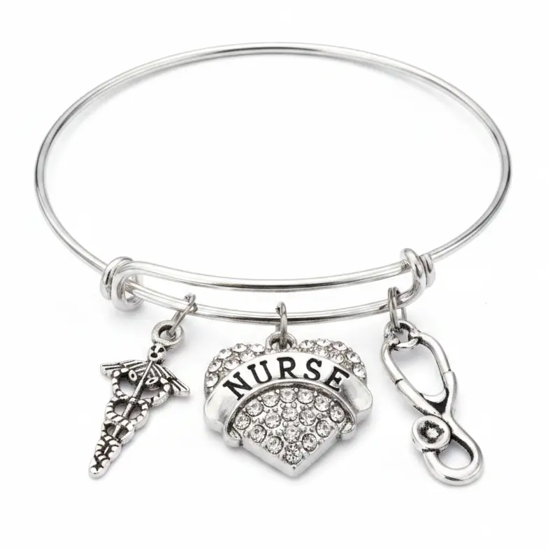 Nurse Crystal Heart Charm Bangle Bracelet | Caduceus & Stethoscope Nursing Gift Jewelry