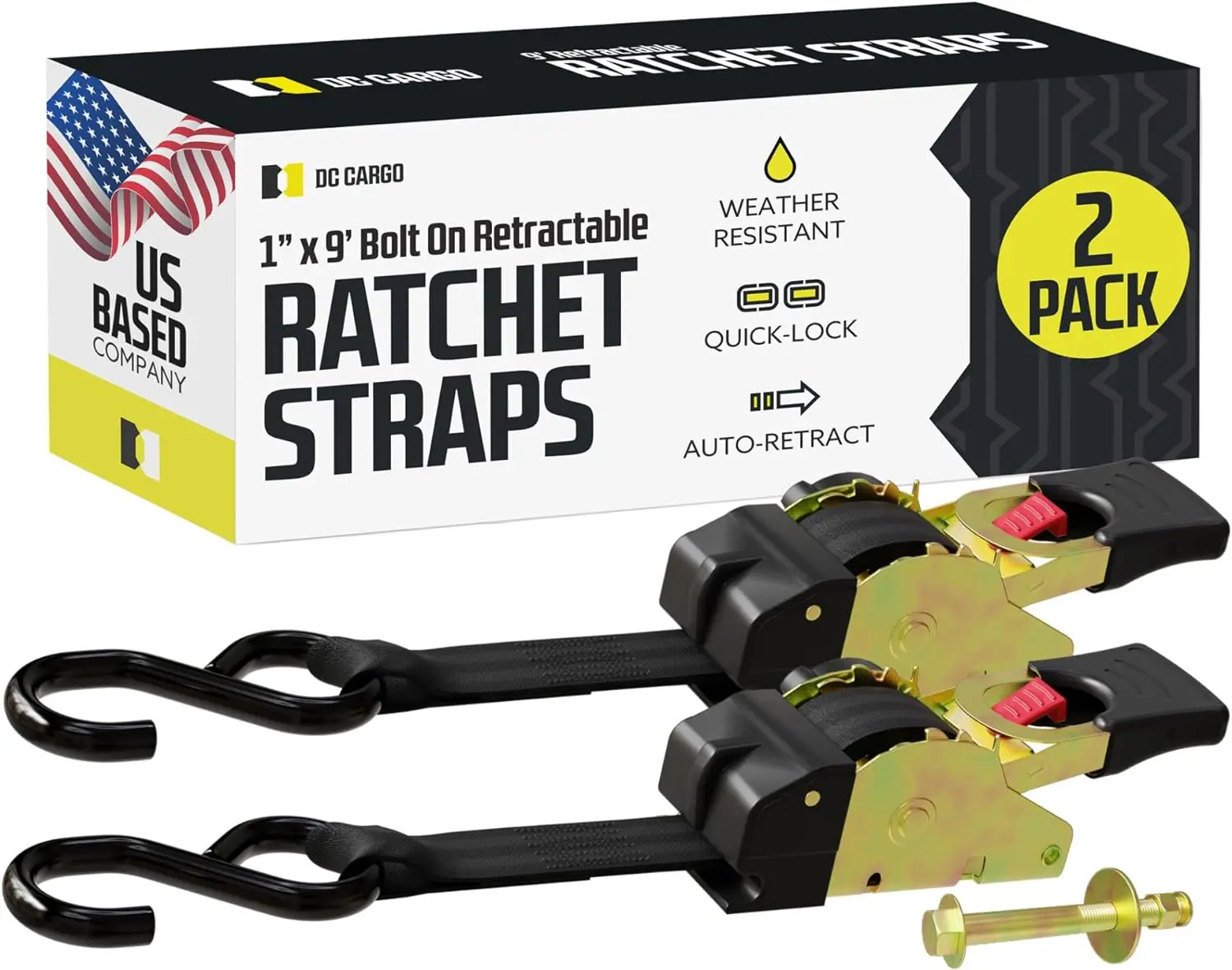 DC Cargo 1 Inch x 9 Ft Polyester Ratchet Straps for Truck, Trailer, Van - 600 lbs Break Strength
