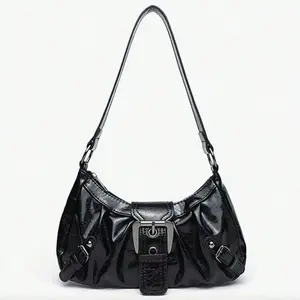 Y2K Vintage Shoulder Bag, Soft Distressed Leather Motorcycle Bag With Rivet Buckle Pleated Cloud Decor Underarm Bag Handbag Party, Street Bag for Women Purse Perfect Suitable for Work, Commute, Date