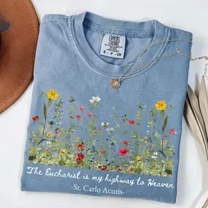 Comfort Colors Catholic Saint Carlo Acutis TShirt, Religious Faith Tee, Floral Christian T-Shirt, Eucharist TShirt, All Saints Day Gift