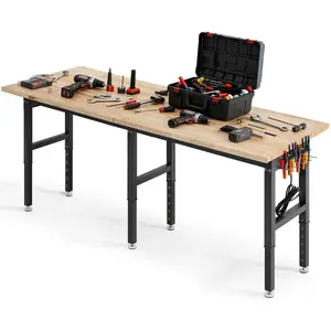 【DealsForYouDays】VEVOR Adjustable Workbench, 5000 lbs Capacity, 96 x 24 Inch Oak Wood Top Workstation with 4 AC Outlets & 2 USB Ports, Heavy-Duty Hardwood Worktable for Garage, Workshop, Home, Office, Commercial