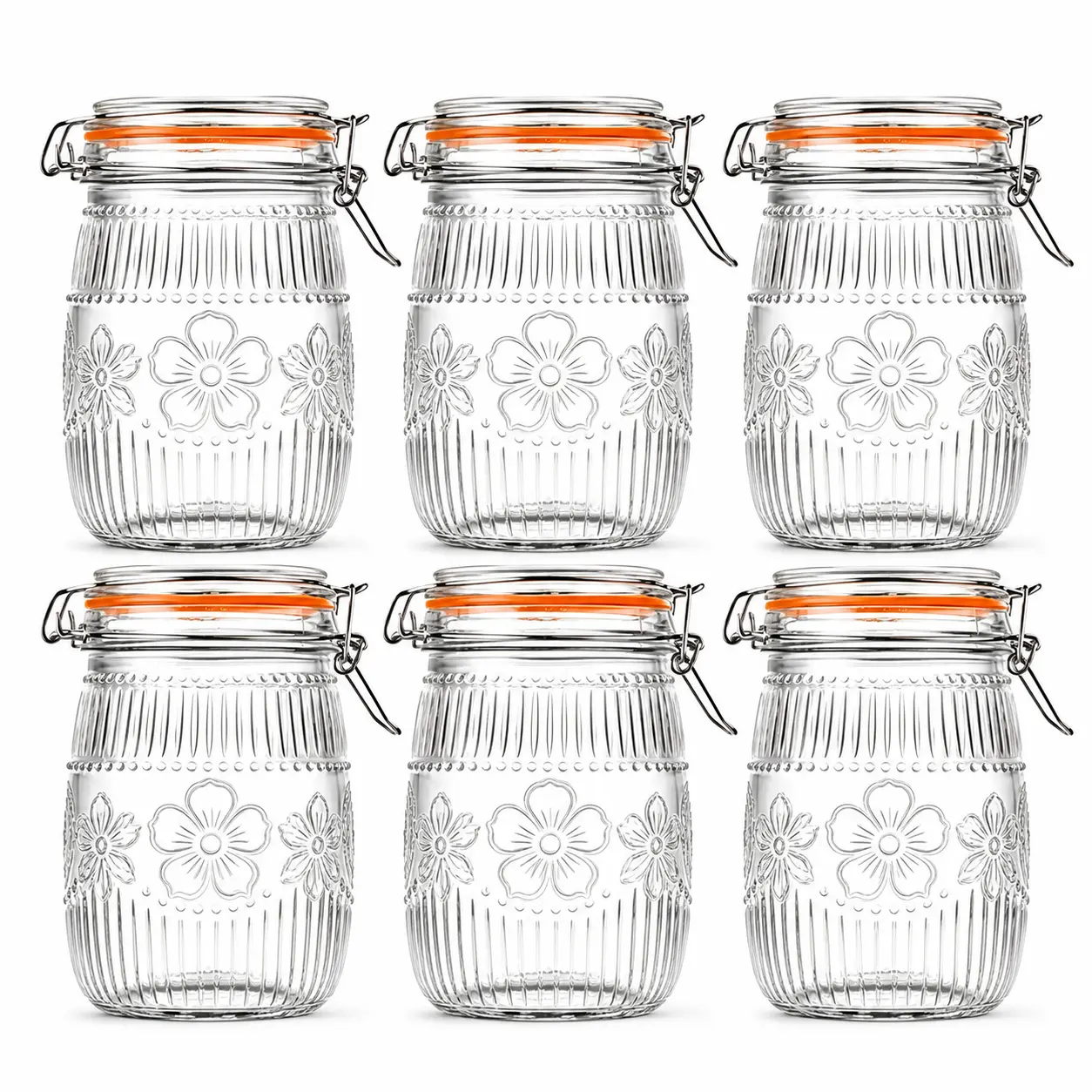 6-Pack 32oz Wide Mouth Transparent Airtight Sturdy Smooth Glass Kitchen Containers - Retro Clamp Lid Mason Jars, Food-Grade, Dishwasher Safe, for Pantry Storage, Coffee & Tea Preservation