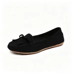 Women's Black Suede Bow Moccasin Loafers, Comfortable Slip-On Flats, Non-Slip Driving Shoes, Casual Work & Daily Wear, Lightweight Soft Sole Round Toe Boat Shoes for All-Day Comfort
