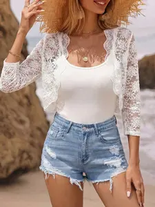 [2-piece set] Women's Spring & Fall Elegant Casual Lace Hollow Out Short Cardigan Shawl Set, Plain Ribbed Tank Top, Perfect for Beach Vacation & Romantic Dates, Casual Breathable Top