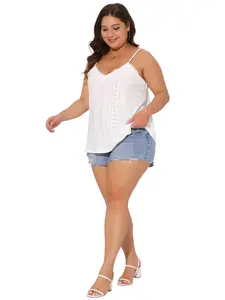 Agnes Orinda Plus Size Women's Summer Eyelet Jersey Cami V Neck Casual Sleeveless Hollow Basic Camisole Tops