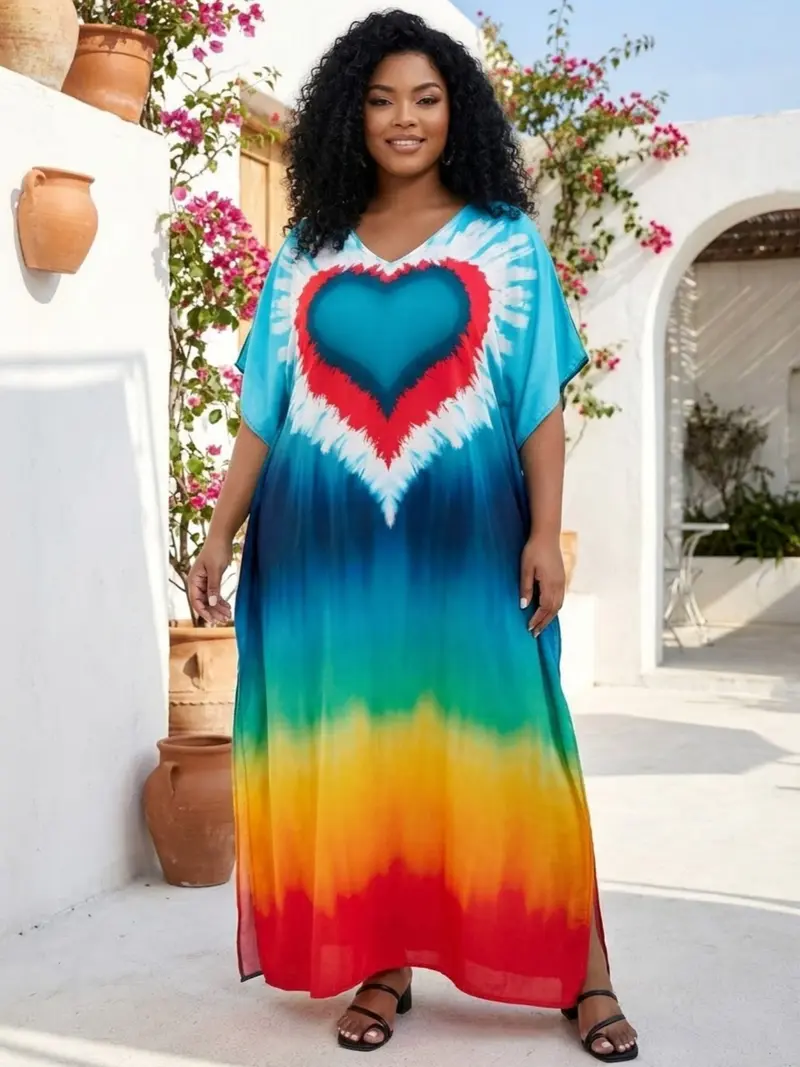 EDOLYNSA kaftans for woman oversized Moo Moo Dress printing Beach Holiday Dress beach wear vacation lounge around cover up party casual outfits muumuu caftan Comfy Homewear versatile Robe Q1469