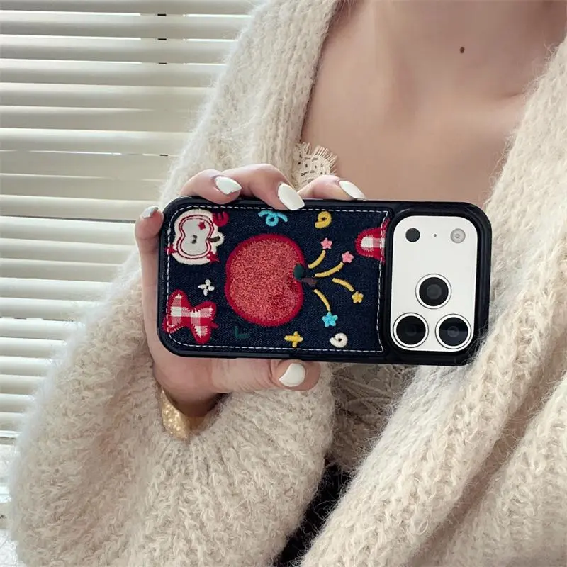 Fashion Cute Embroidery apple Denim Phone Case For iPhone 17 Pro 16 15 14 Pro Max Back Cover with Chain Lovely Protective Cases