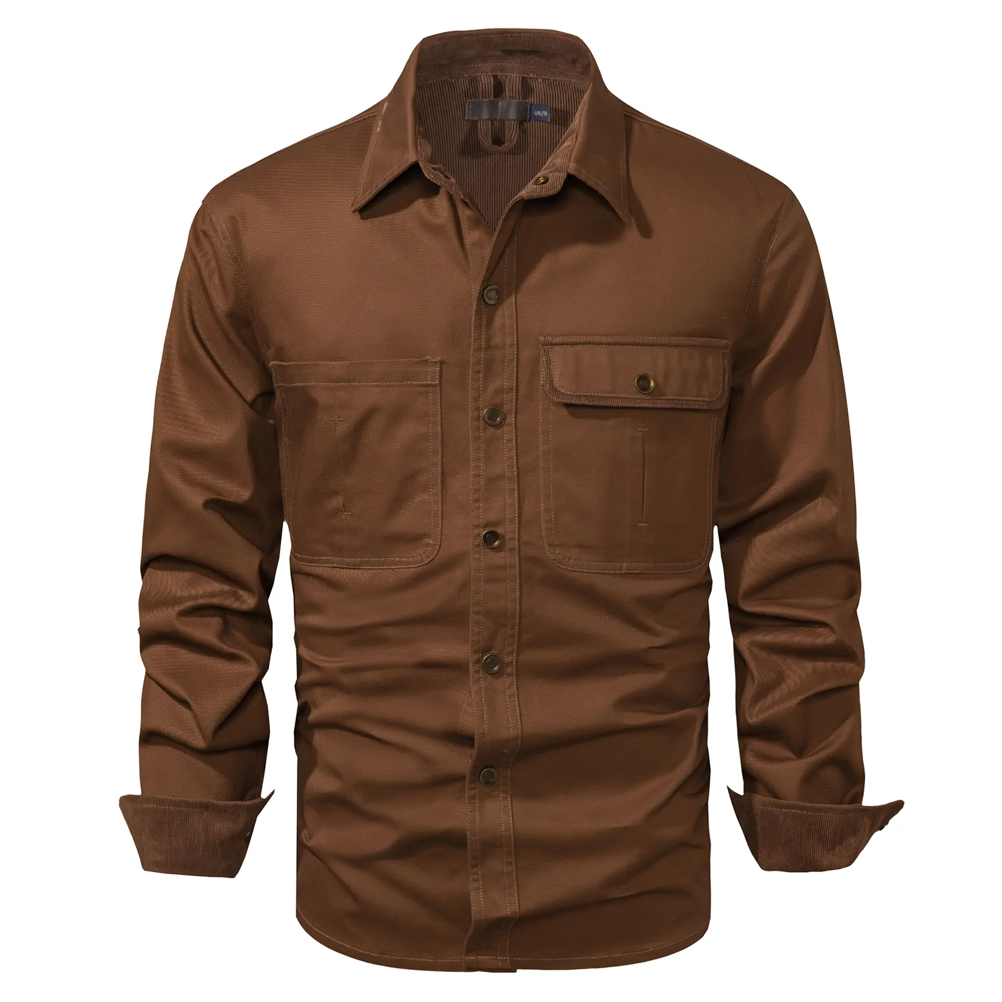 Men’s 100% Cotton Utility Fashion Stylish Menswear Shirt Jacket - Contrast Corduroy Collar, Snap-Front Longsleeves Outerwear with 2 Chest Pockets