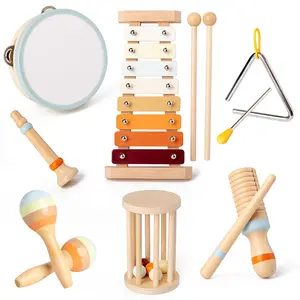 Music Toy Set, Wooden Percussion Instruments, Drumsticks, Sand Hammer, Small Trumpet, Orff Musical Instrument Kit