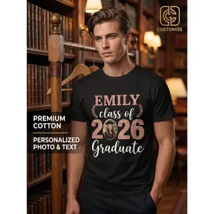 Custom Name Photo Graduation T-Shirt Class of 2026 Graduate Rose Golden Glitter Print Personalized Text Picture Crew Neck Tee Unisex Summer Casual Tops Ceremony Party Gift Breathable Soft Comfy Street