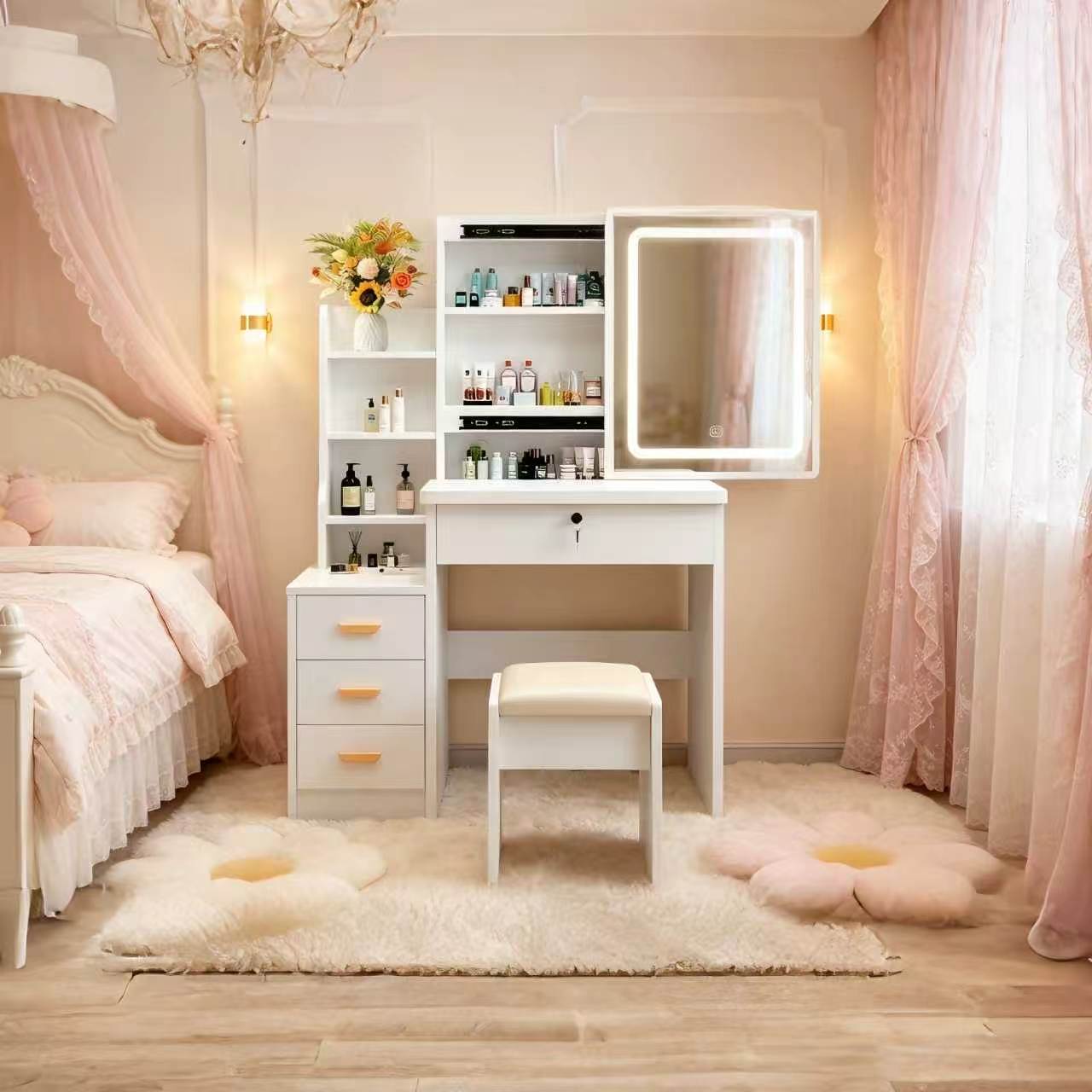 Modern White Vanity Desk with Mirror and Lights 3 Lighting Modes European Style Dressing Table with 4 Drawers & Shelf Makeup Vanity Table for Bedroom Gifts for Girls and Women