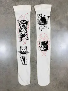 Y2K Vintage Cute Cat Print Knee-High Socks, Thigh High Socks, Streetwear Hip Hop Socks, 2000s Print Over-Knee Socks, Women's Emo Gothic Punk Style, Fashion
