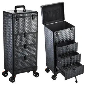 Rolling Makeup Case with 3 Drawers Professional Salon Cart Cosmetology Case on Wheels Large Nail Trolley Cosmetic Organizers