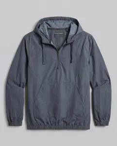 Distressed Poplin Hooded Pullover in Indigo