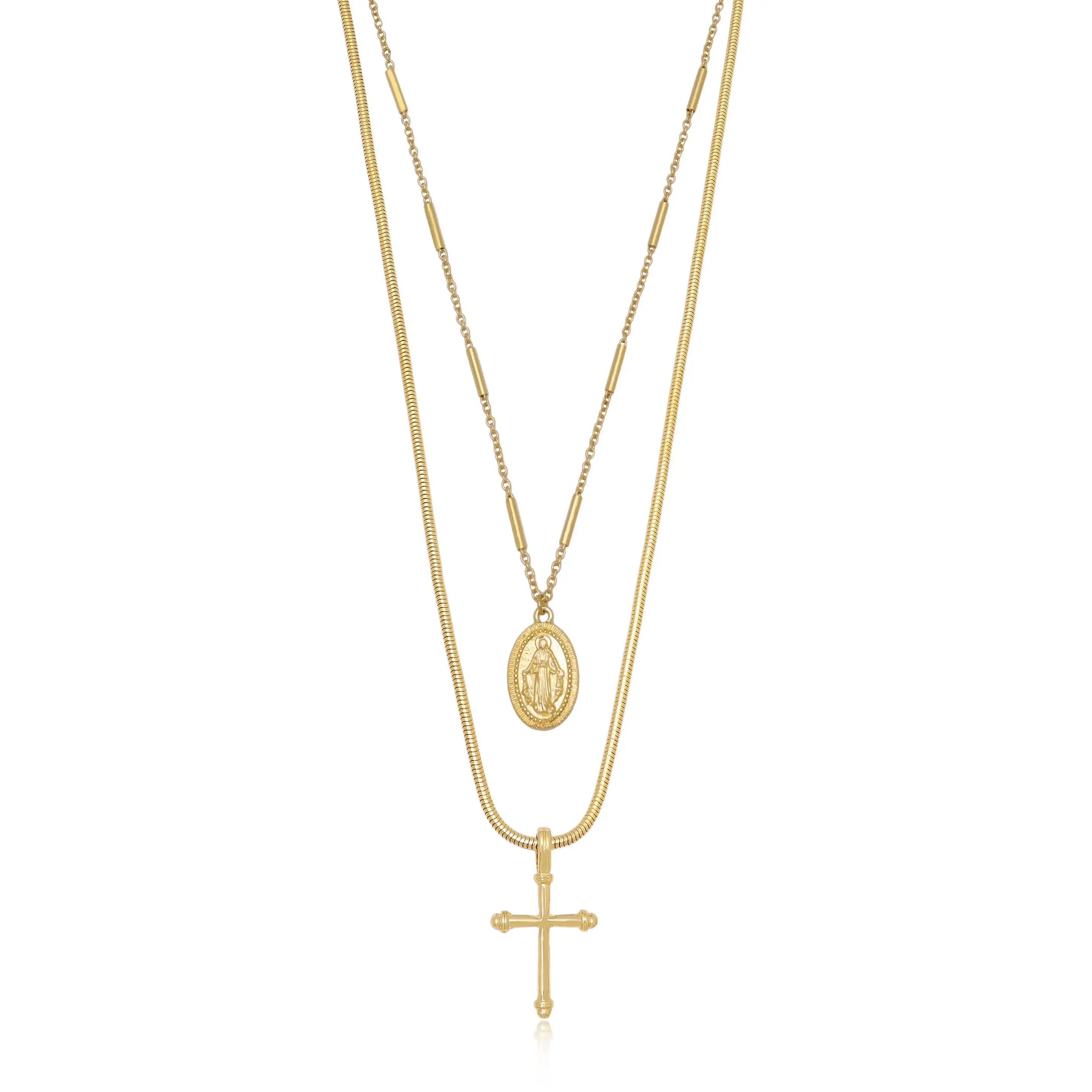 Ettika Like a Prayer Layered Cross and Coin Necklace Gold Tone Plated Rhodium on Steel 18kt Gold Plated Non Tarnish Jewelry 2 Separate Necklaces 750/18K