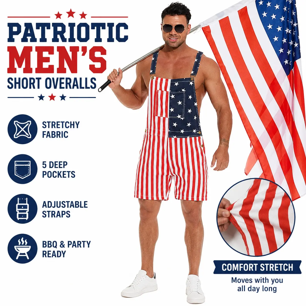 Men's 250th Anniversary 4th of July Patriotic Stretchy Denim Overalls - Casual Menswear, Memorial Day Workwear Summer Jumpsuit, Patriotic Couple Gifts, Father’s Day Present