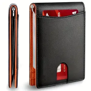 Men’s Slim Bifold Wallet with ID Window | RFID Blocking Credit Card Holder with Zipper Coin Pocket - Stylish Black and Orange Color Block Design, Quick Access Card Slot, Perfect for Work, Travel & Everyday Carry to Keep Cards, Cash & Coins Secure