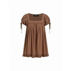 CIDER - 100% Recycled Cotton Square Neck Solid Ruffle Knotted Short Sleeve Blouse