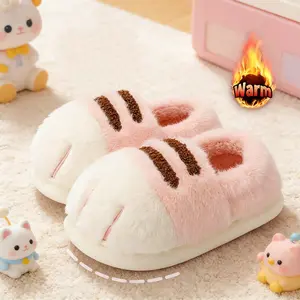 [Cat Paw Slippers] Warm Cartoon Cat Paw Style Slippers - Women's Plush Flat Shoes for Home