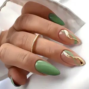 24-Pack Vintage Green French Press On Nails Glitter Stripe  High Quality