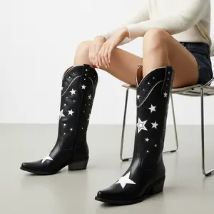 REDTOP Starstruck Midnight Cowboy Boots for Women - Black Walking Shoes with Celestial Star Design - Casual Footwear for Concerts & Festivals
