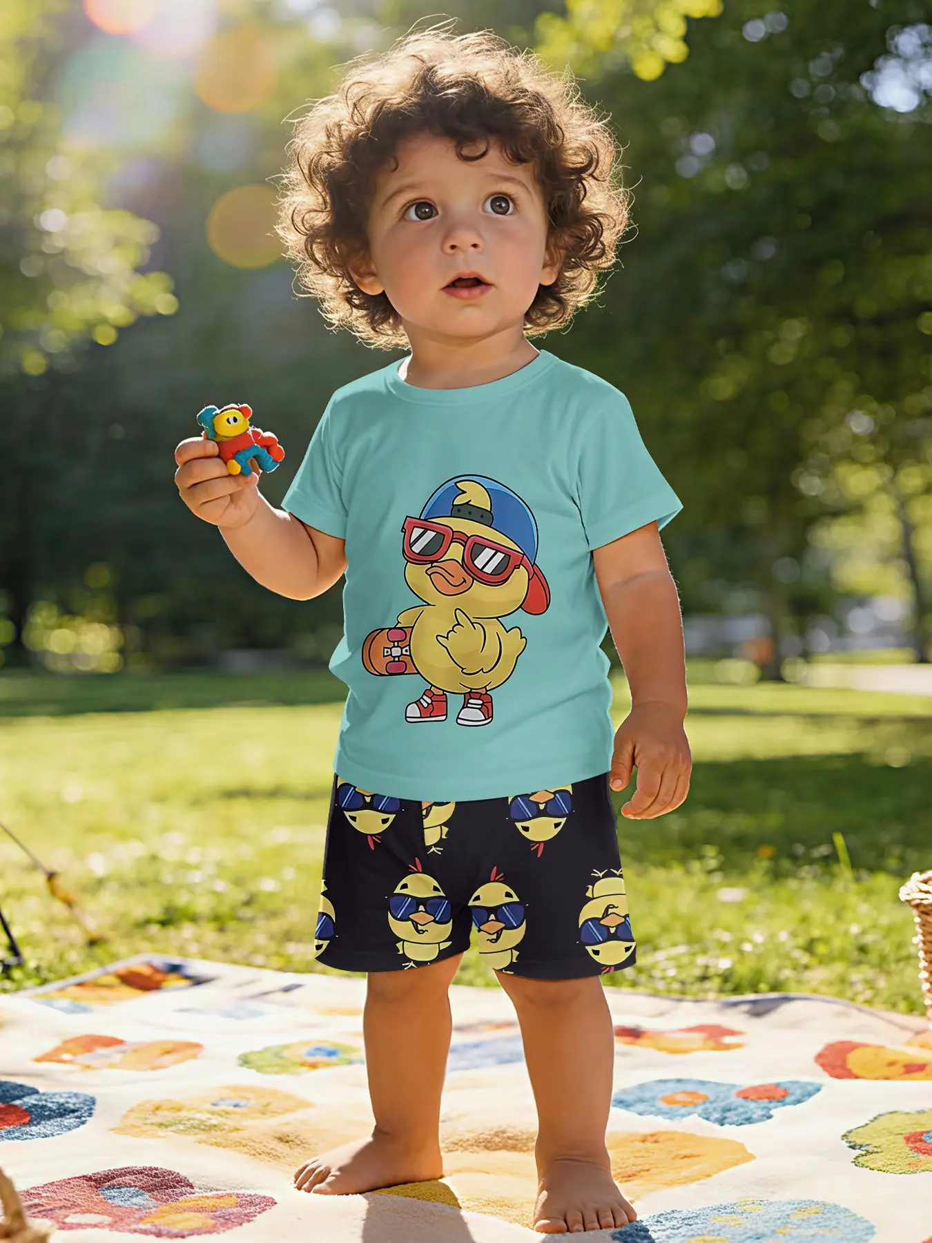 Cool and stylish little yellow duck all-over printed short-sleeve summer Matching Set for infants and toddlers, casual kids' clothing, Tops, T-shirt suitable for daily and outdoor sports. 100% polyester, a perfect gift for infants and toddlers!