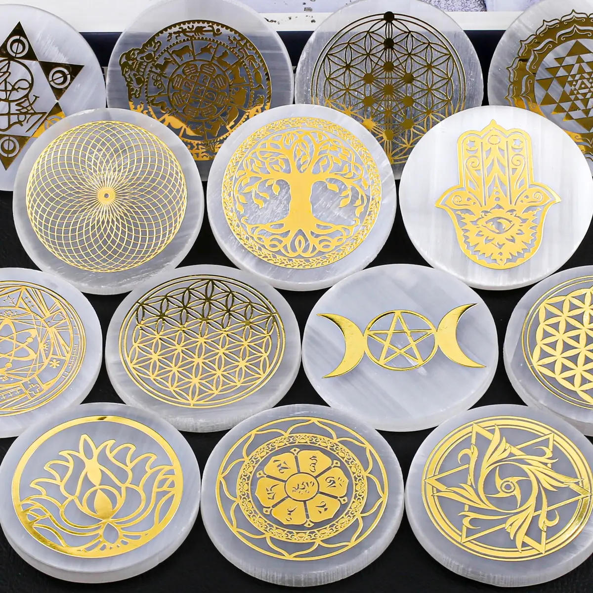 【Star Gate】1 count Sacred Geometry Golden Selenite Plate | Crystal Charging Disk | Hand-Etched Energy Cleansing Tool