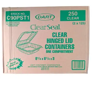 Dart ClearSeal Hinged Lid Plastic Container C90PST1 8 1/4" x 8 1/4" x 3" - 250/Case Tamper-Evident Food Storage - Kitchen