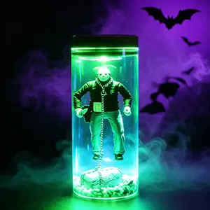 Halloween Spooky Masked Figure Glass Jar LED Night Light, Creepy Themed Desktop Table Lamp, Gothic Ambient Decor for Bedroom Party Haunted House, Novelty Holiday Gift