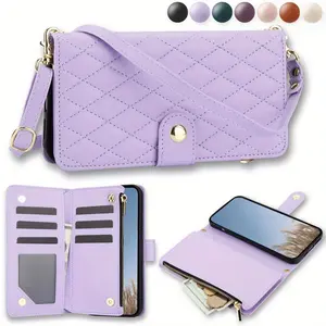Fashion Quilted Pattern Phone Case with Card Slot, 1 Count PU Leather Zipper Wallet Phone Case with Wrist Strap, Phone Cover Accessories for Samsung Galaxy S21 S20 FE S10 S9 Plus Ultra