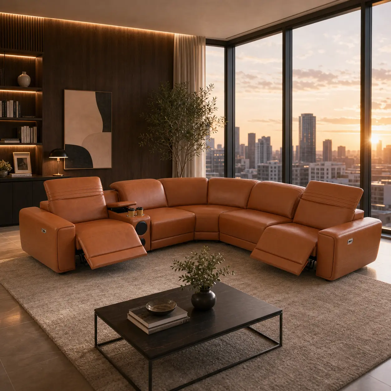 semi PU leather recliner, orange yellow couch, power recliner sofa set, breathable sofa upholstery, living room couch set, movie room seating, lounge sofa set, adjustable recliner L Shaped Sofa Boneless Sofa