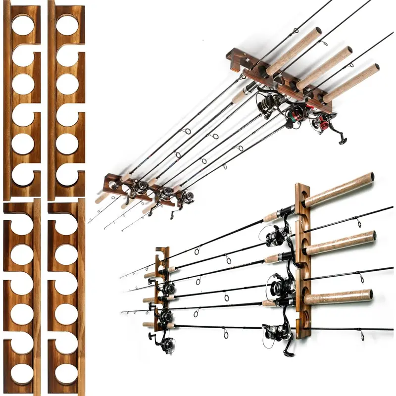 fishing rod holders for garage ceiling PLUSINNO H5W Horizontal Rod/Pole Garage, Wall or Mounted Rack, Solid Wood Fishing Holder Holds up to 5/10/20 Rods or Combos Fishing Gear, Gifts for Men Available in 23.5 and 36 lengths Rod Wall Mount Fishing Rod