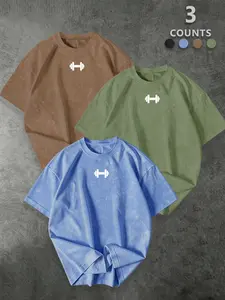 Men's 3-Pack Dumbbell Graphic Washed Cotton T-Shirts, Minimalist Gym Workout Tees, Minimalistic Activewear, Casual Streetwear Tops for Fitness Lovers, Sports T Shirt #GymTee #FitnessWear #MinimalistTshirt #WorkoutClothes #TikTokMadeMeBuyIt
