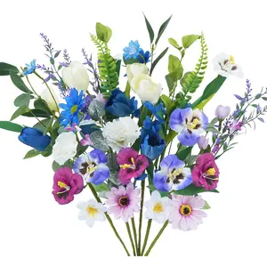 6PCS Silk Artificial Bouquets, Mixed Color Fake Gerbera Daisy Flowers with White Tulip, Spring Summer Floral Arrangements for Home Table Wedding Outdoor Cemetry Flowers Decor Decorative