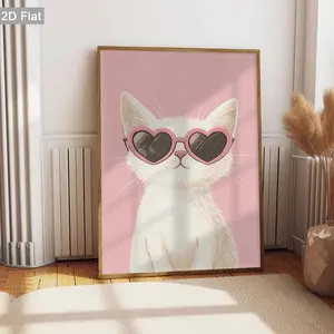 2D Flat, 1pc Unframed Cute Cat Wall Decor, Heart Sunglasses Canvas Painting, Pink Background Art Prints Poster, Retro Wall Art, Classic Wall arts Decorations, Modern Posters, Home Decor, Holiday Gifts, For Living Room, Bedroom, Bathroom, Frameless