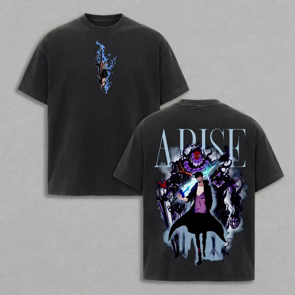 Solo Leveling Anime Graphic Tee Oversized Washed T-Shirt Sung Jinwoo Shadow Monarch Harajuku Y2K Streetwear Vintage Cotton Back Print Tee