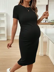 Short Sleeve Crew Neck Solid Color Fitted Maternity Dress