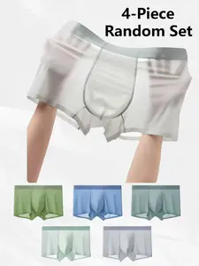 New Men's Solid Color Underwear Set of 4, Seamless Boxer Briefs, Comfortable and Sexy Seamless Fabric, Breathable and Fashionable, Casual Straight Leg Pants