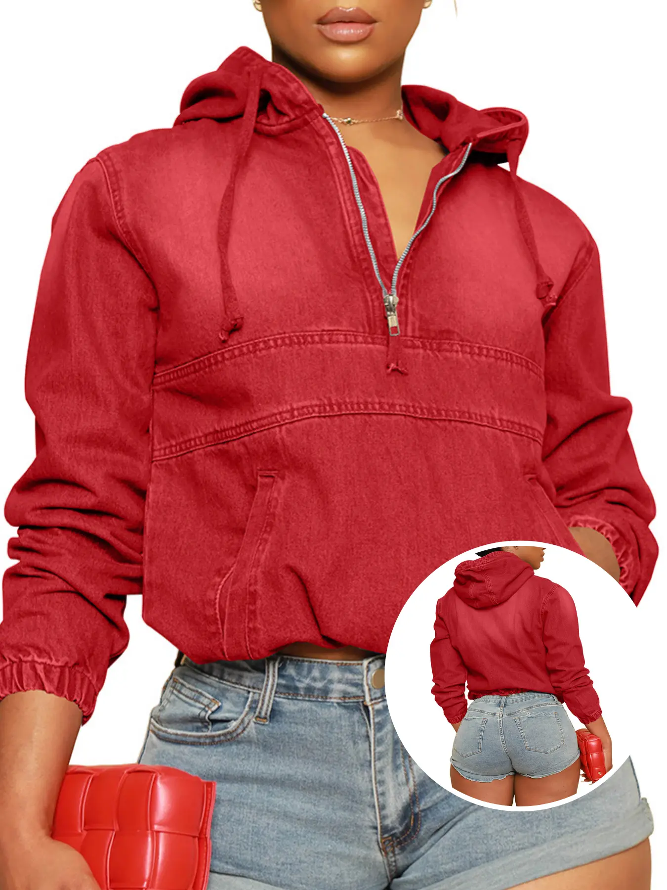 USBoutique Chic Women's Gradient Half-Zip Denim Hoodie Pullover Long Sleeve Ombre Style Relaxed Fit for Fall Daily Wear Casual Jean Top