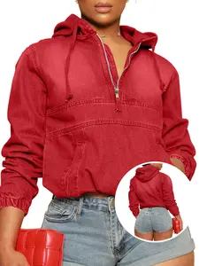 USBoutique Chic Women's Gradient Half-Zip Denim Hoodie Pullover Long Sleeve Ombre Style Relaxed Fit for Fall Daily Wear Casual Jean Top