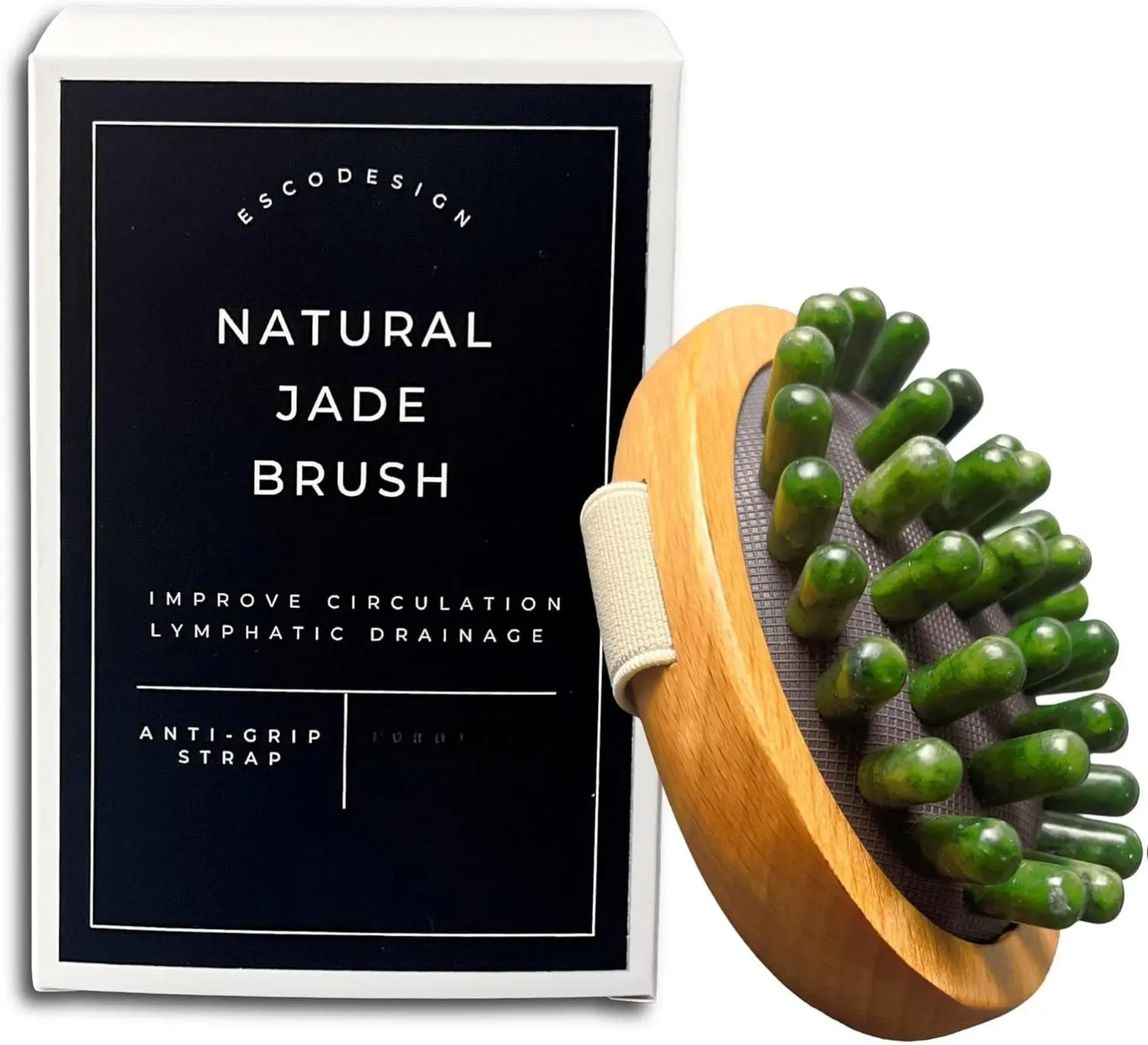 ESCODESIGN Natural Jade Massage Brush with Premium Beechwood Handle for Lymphatic Drainage & Improved Circulation Green Jade Nodules Anti-Grip Strap