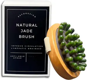ESCODESIGN Natural Jade Massage Brush with Premium Beechwood Handle for Lymphatic Drainage & Improved Circulation Green Jade Nodules Anti-Grip Strap